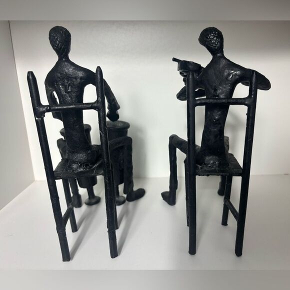 90s Modernist Black Cast Iron Set of Two Brutal Musicians Art Sculpture - Picture 5 of 13